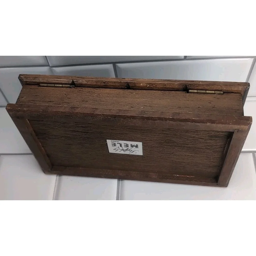 Vintage Wood Jewelry Box Hinged Lid Orange Interior 